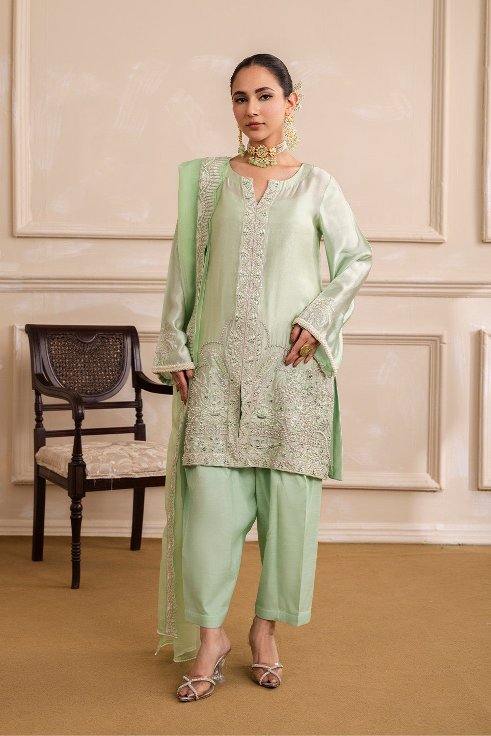 Grey Embroidered Ensemble With Dupatta Pakistani Designer Dress