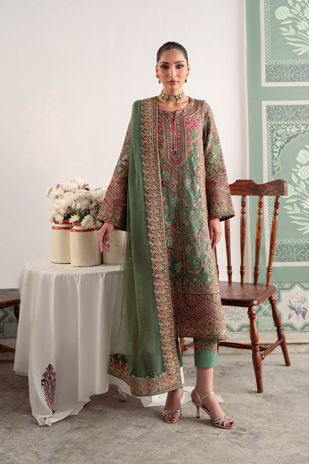 Green Embroidered Cotton 3-Piece Pakistani Eid Dress