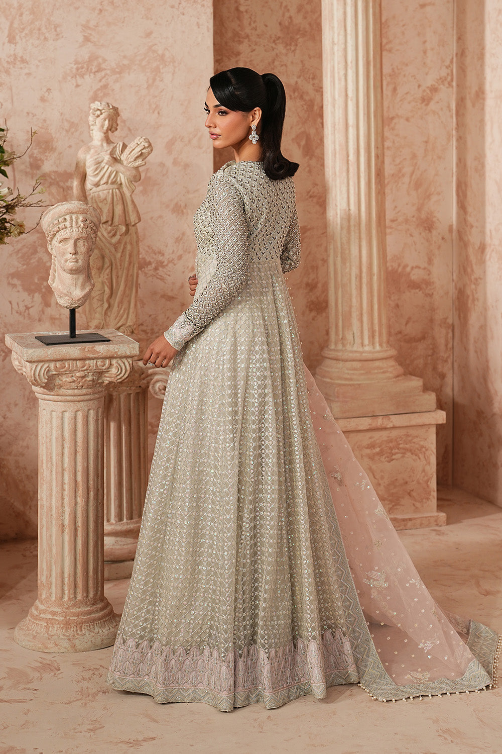 Silver Organza Embroidered Maxi With Dupatta