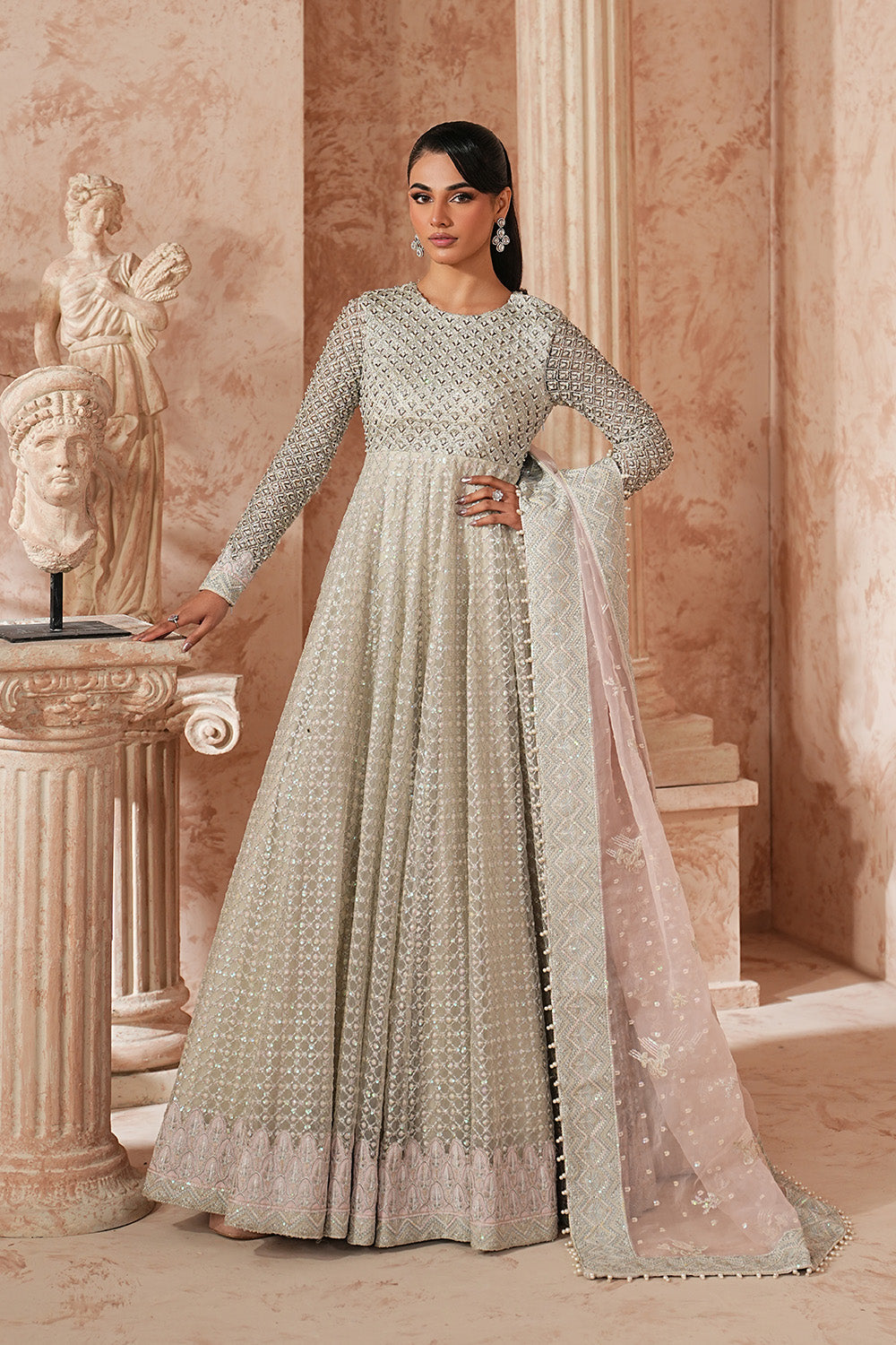 Silver Organza Embroidered Maxi With Dupatta