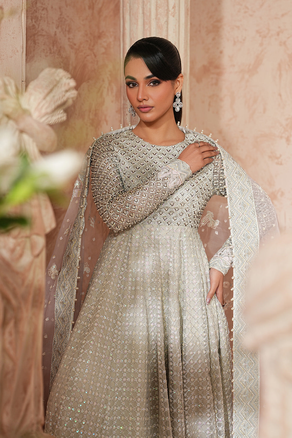 Silver Organza Embroidered Maxi With Dupatta