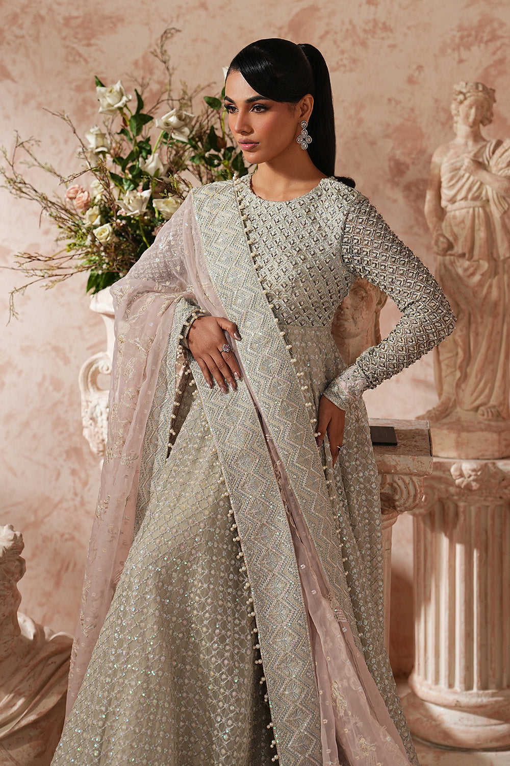 Silver Organza Embroidered Maxi With Dupatta