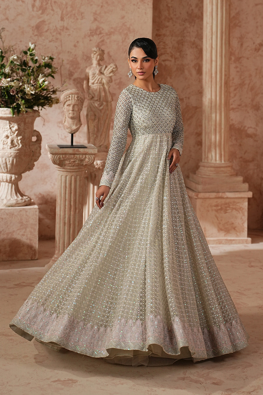 Silver Organza Embroidered Maxi With Dupatta