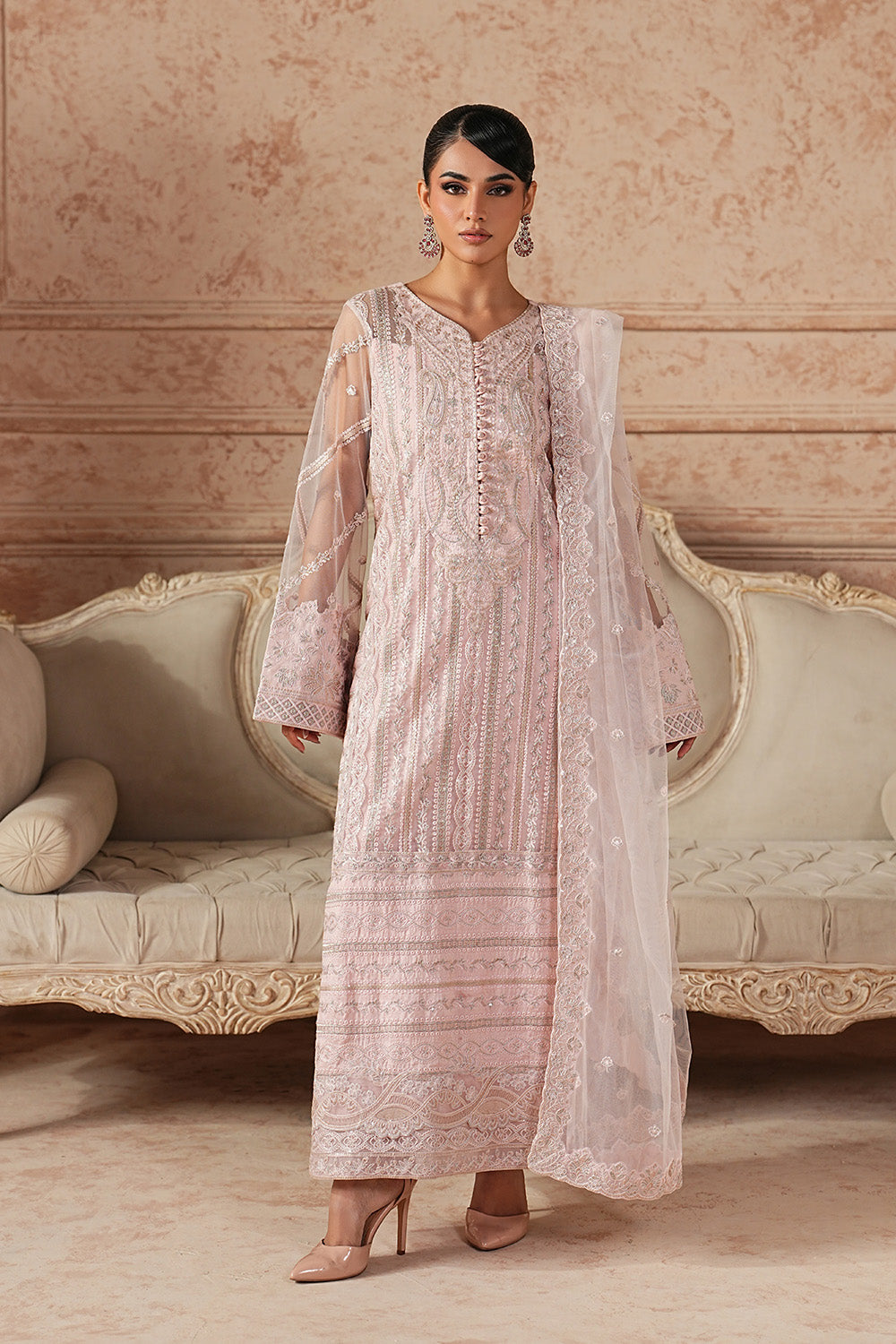 Pink Embroidered Organza Suit With Dupatta