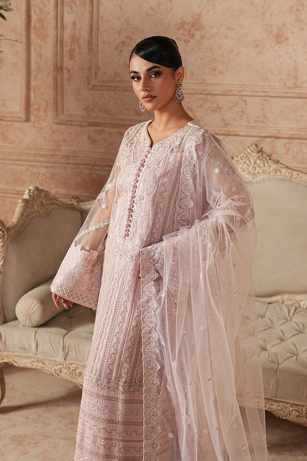 Pink Embroidered Organza Suit With Dupatta
