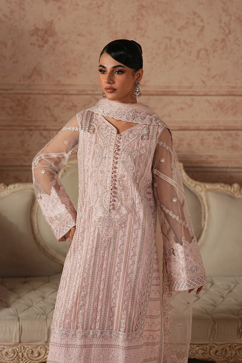 Pink Embroidered Organza Suit With Dupatta