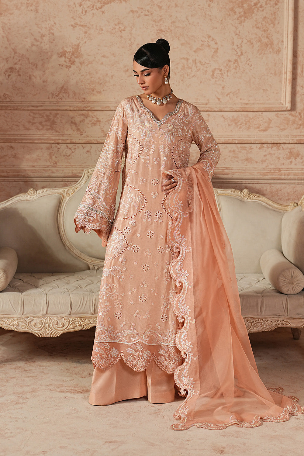 Gold Embroidered Organza Eid Dress With Dupatta
