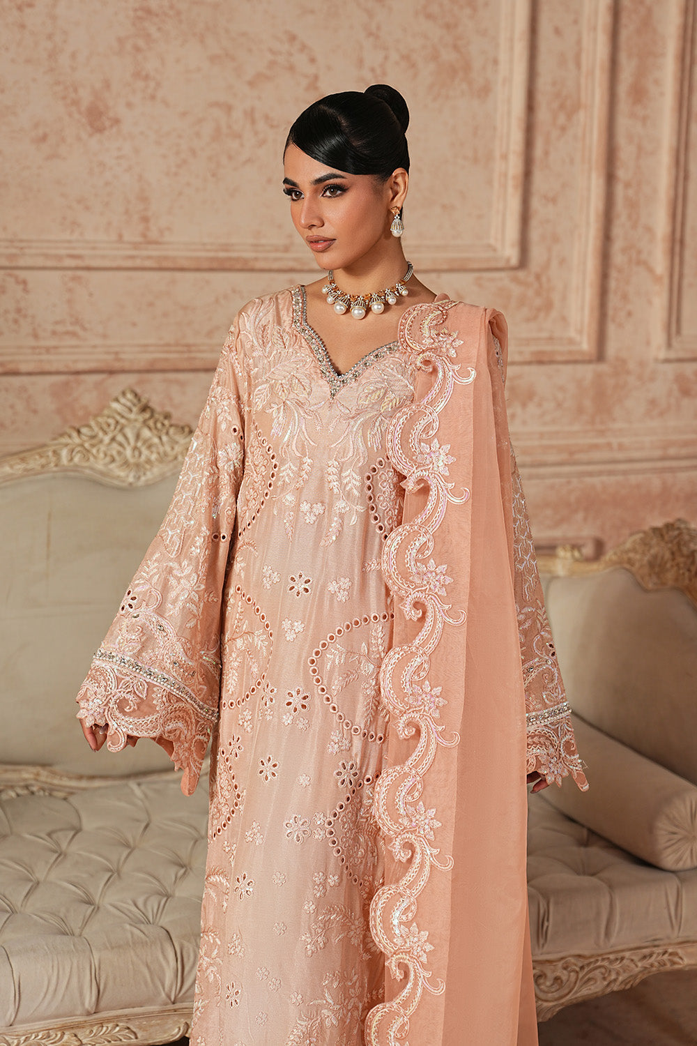 Gold Embroidered Organza Eid Dress With Dupatta