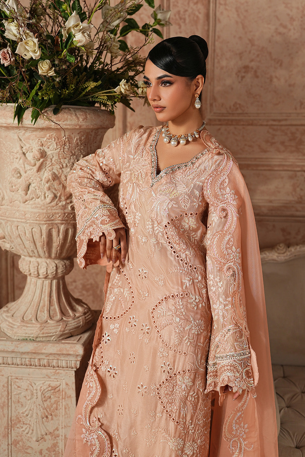 Gold Embroidered Organza Eid Dress With Dupatta