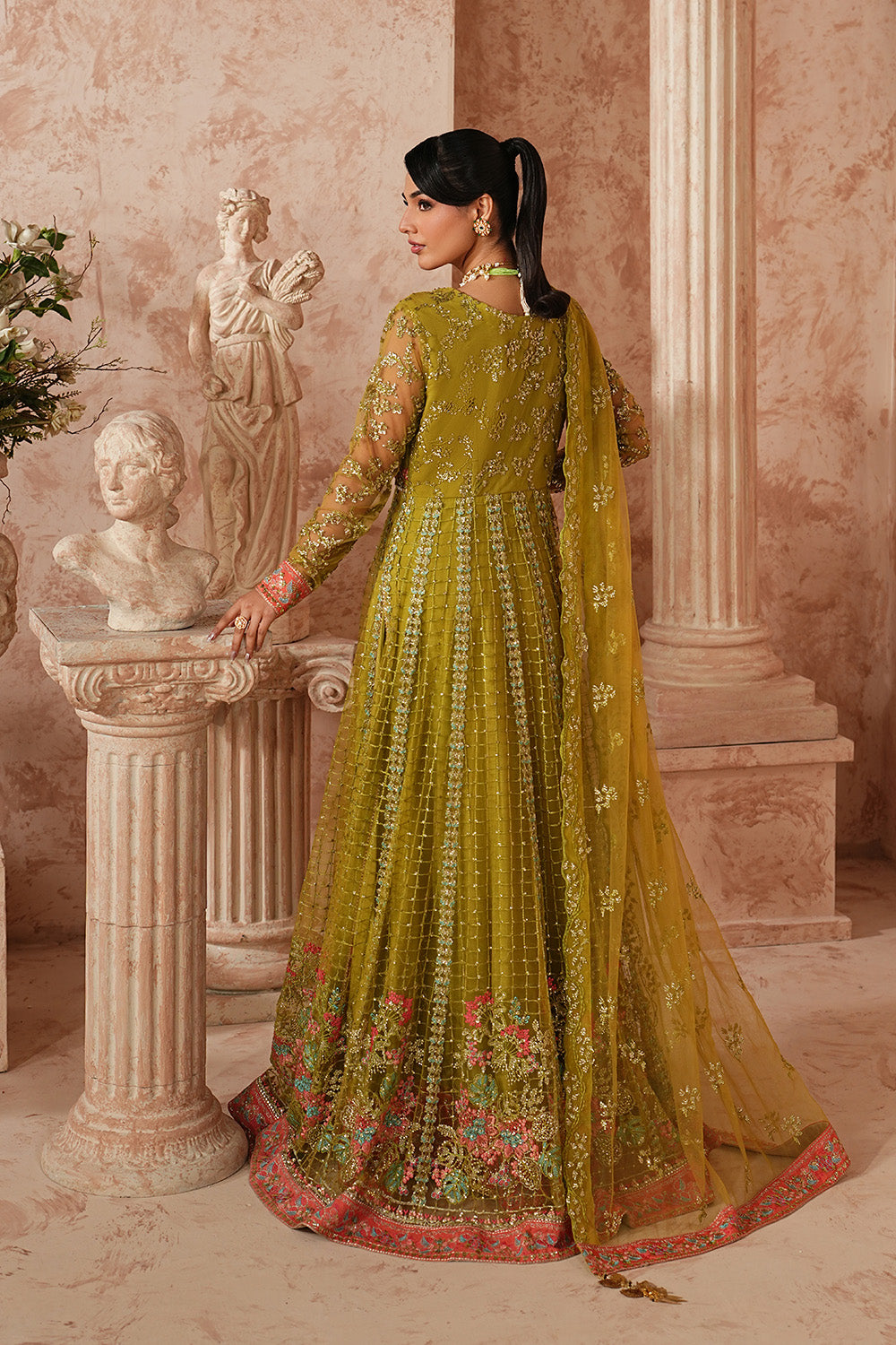 Olive Net Embroidered Shirt With Dupatta