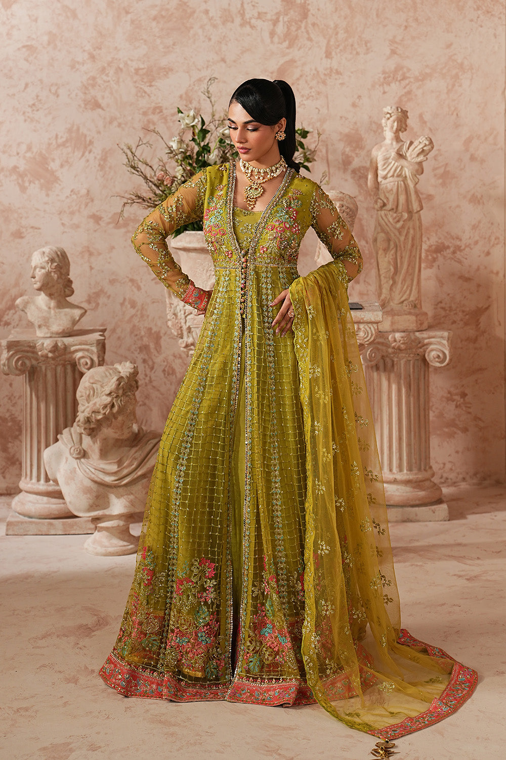 Olive Net Embroidered Shirt With Dupatta