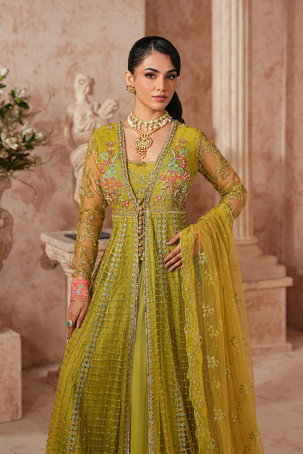 Olive Net Embroidered Shirt With Dupatta