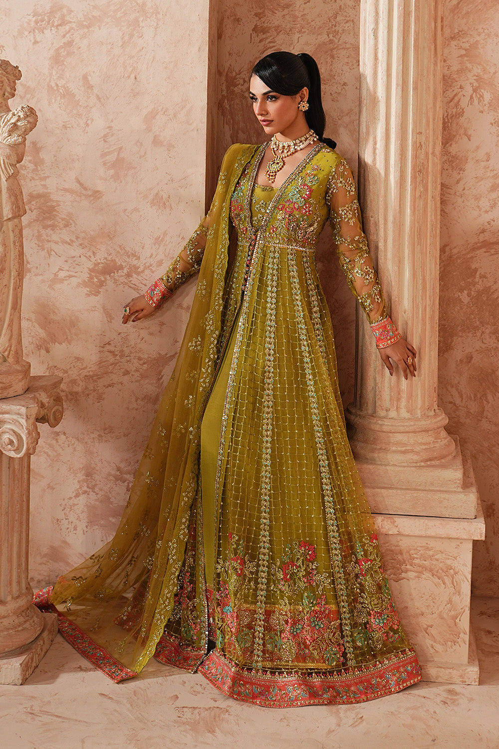 Olive Net Embroidered Shirt With Dupatta