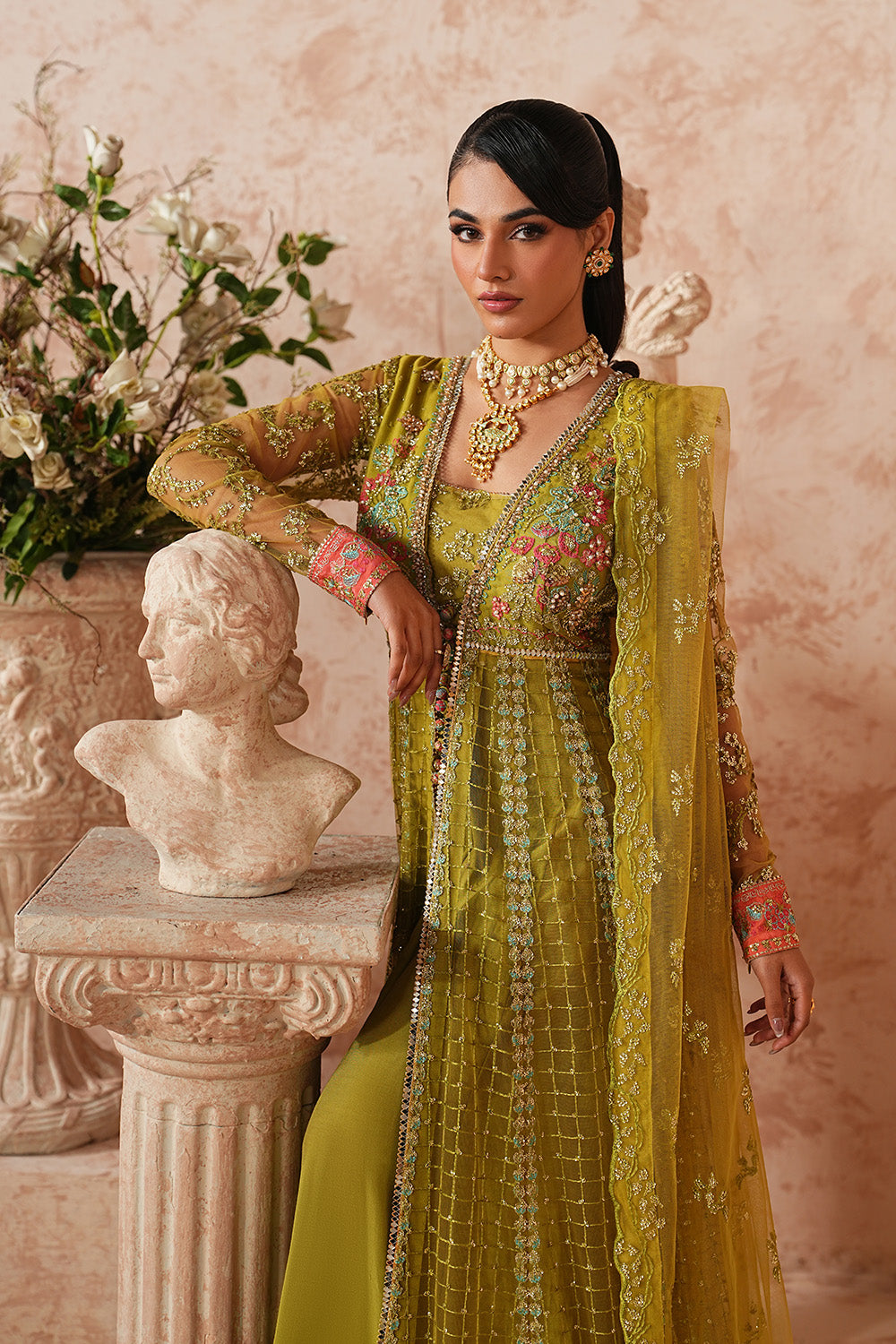 Olive Net Embroidered Shirt With Dupatta