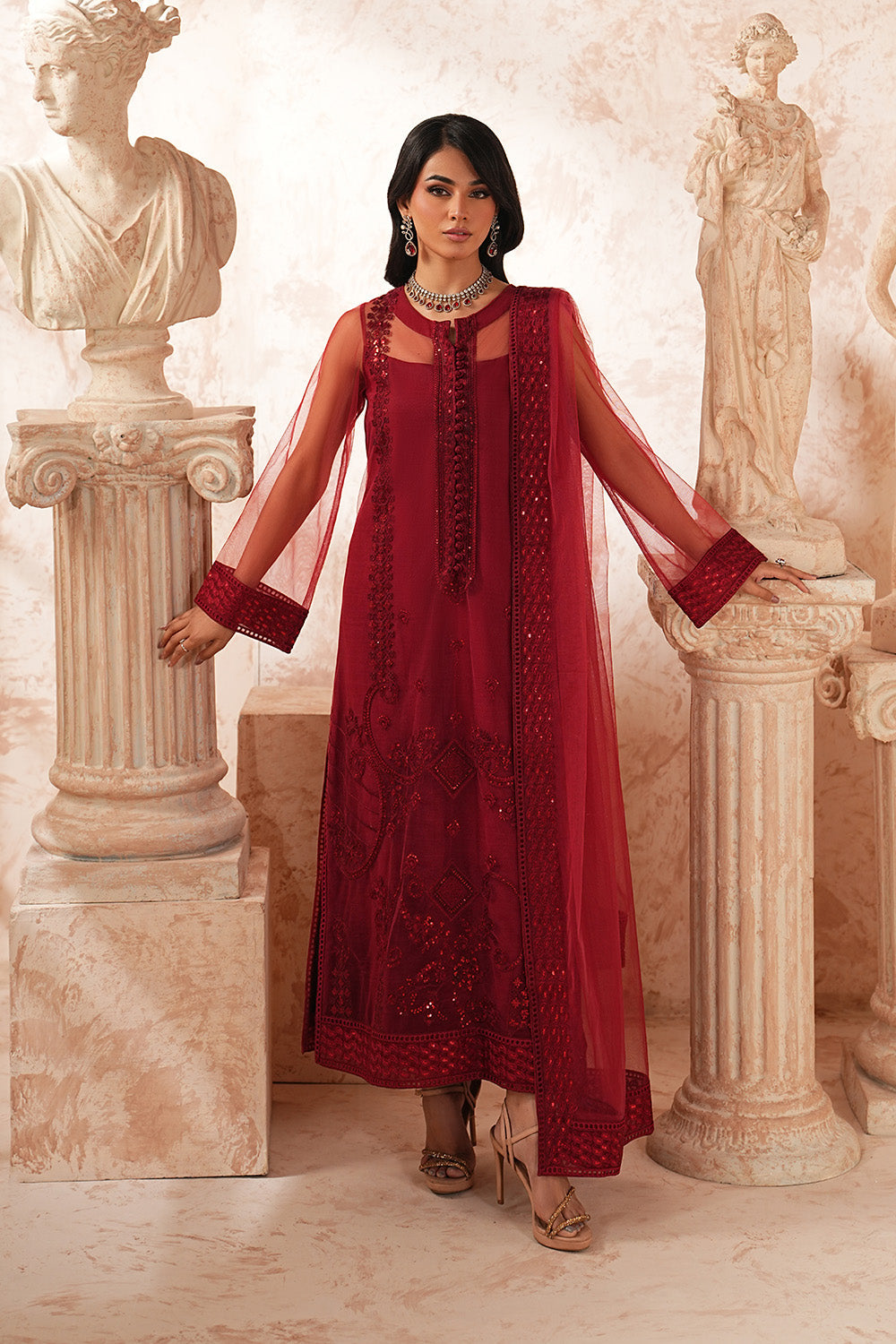 Red Net Embroidered Eid Suit With Dupatta