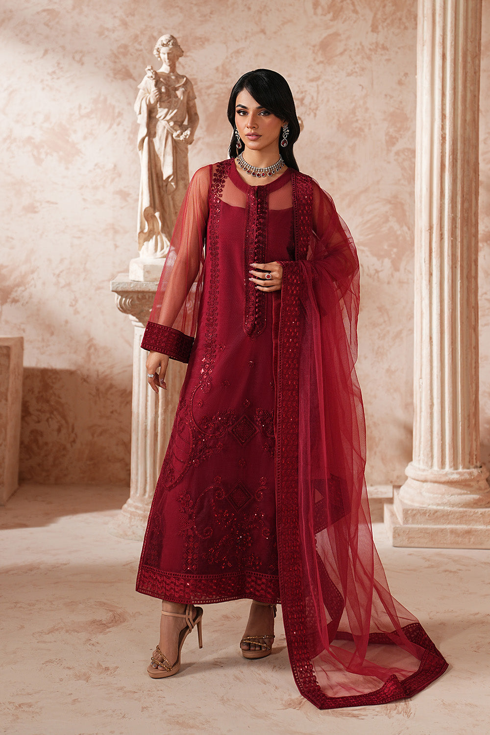 Red Net Embroidered Eid Suit With Dupatta