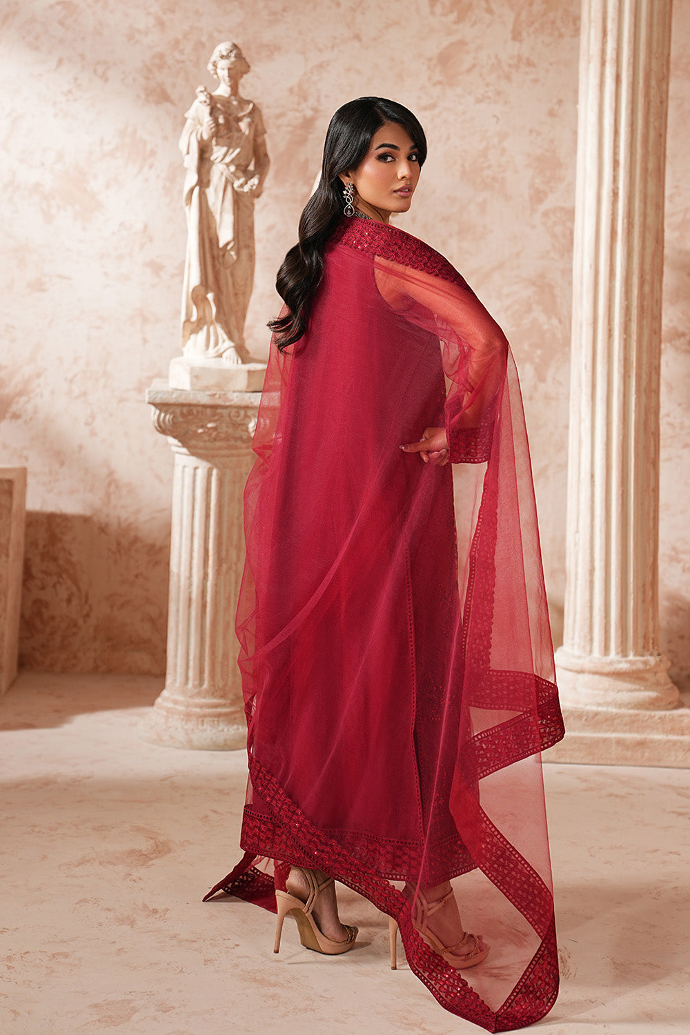Red Net Embroidered Eid Suit With Dupatta