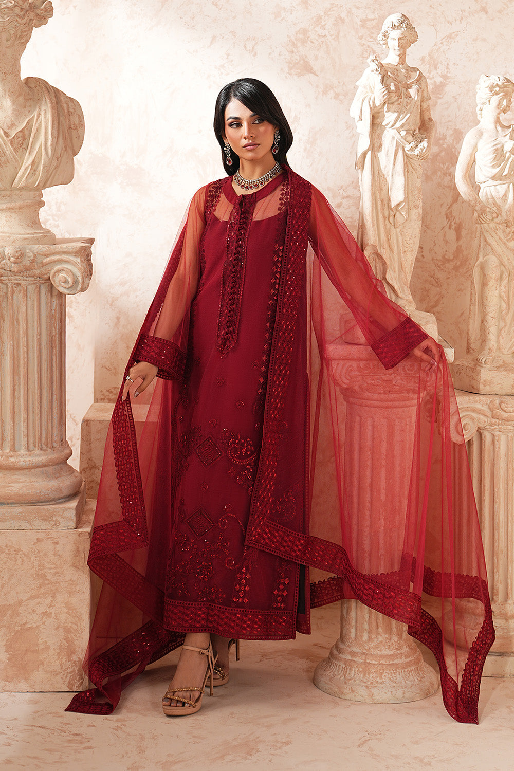 Red Net Embroidered Eid Suit With Dupatta