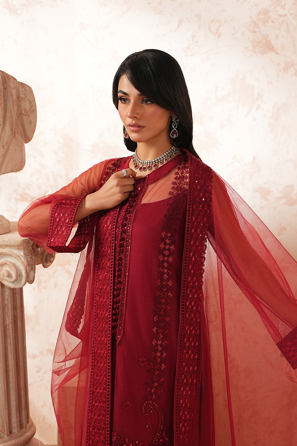 Red Net Embroidered Eid Suit With Dupatta