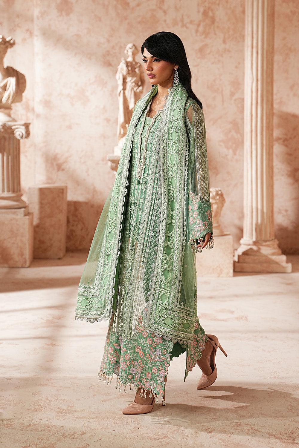 Sea Green Embroidered Organza Eid Dress With Dupatta