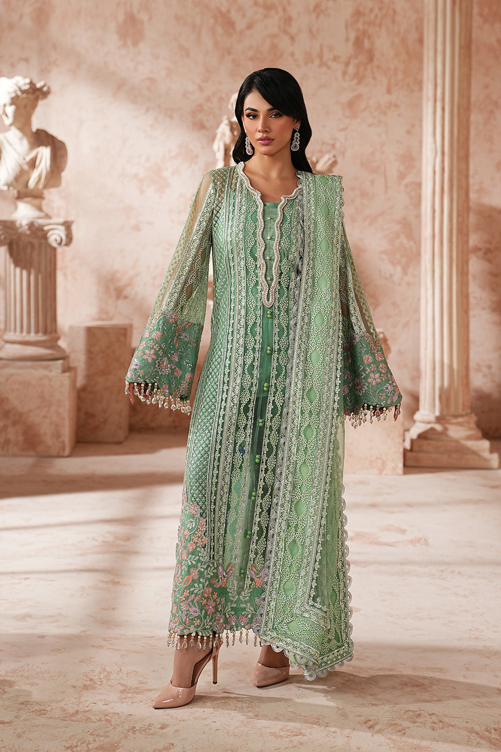 Sea Green Embroidered Organza Eid Dress With Dupatta