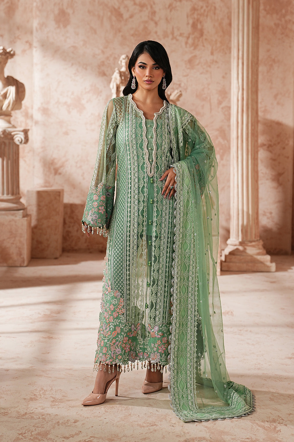 Sea Green Embroidered Organza Eid Dress With Dupatta