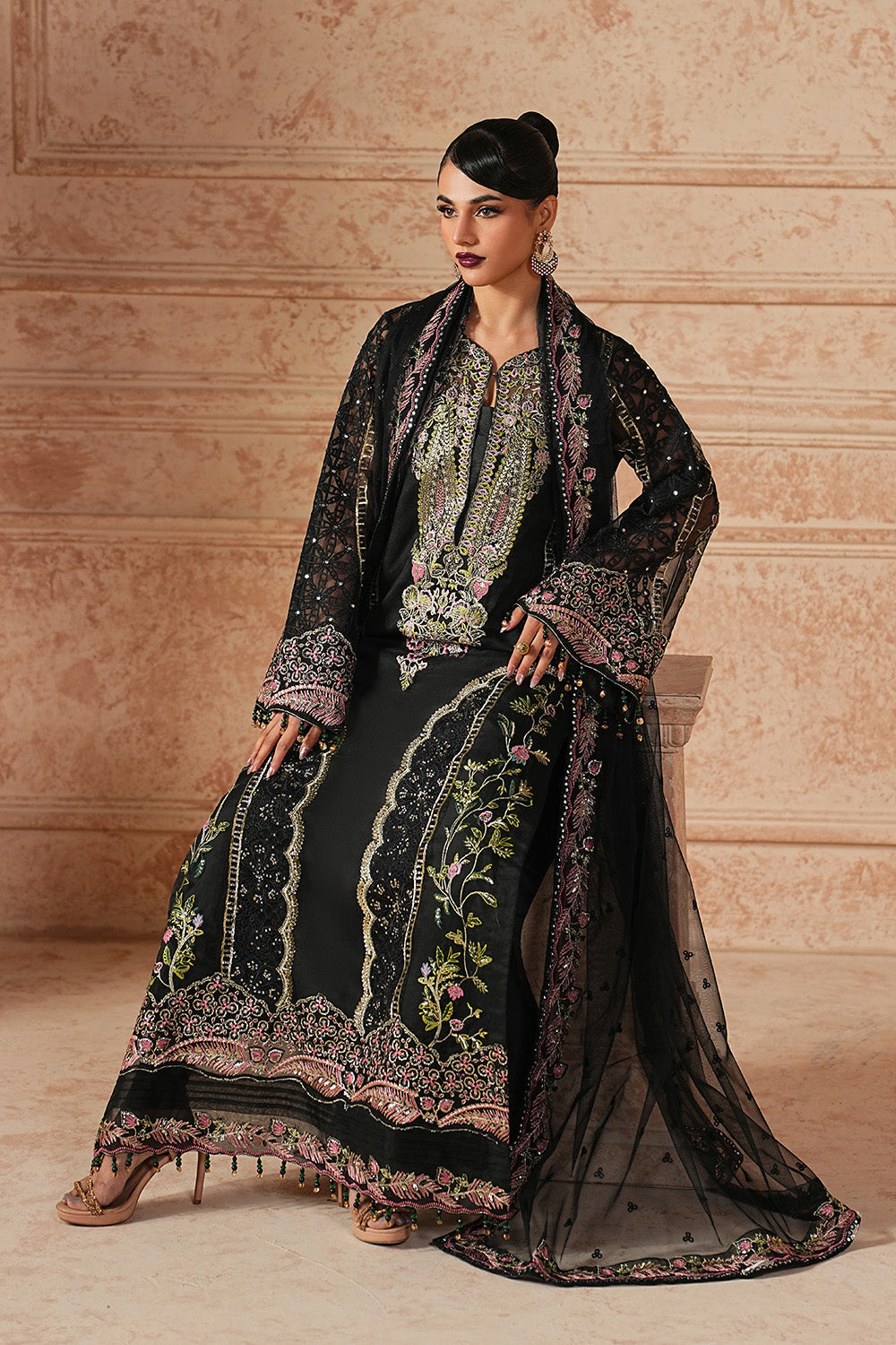Black Embroidered Organza Ensemble With Dupatta