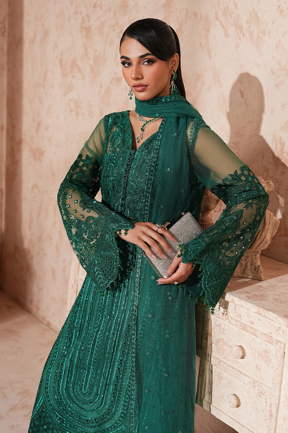 Green Embroidered Net Suit With Dupatta