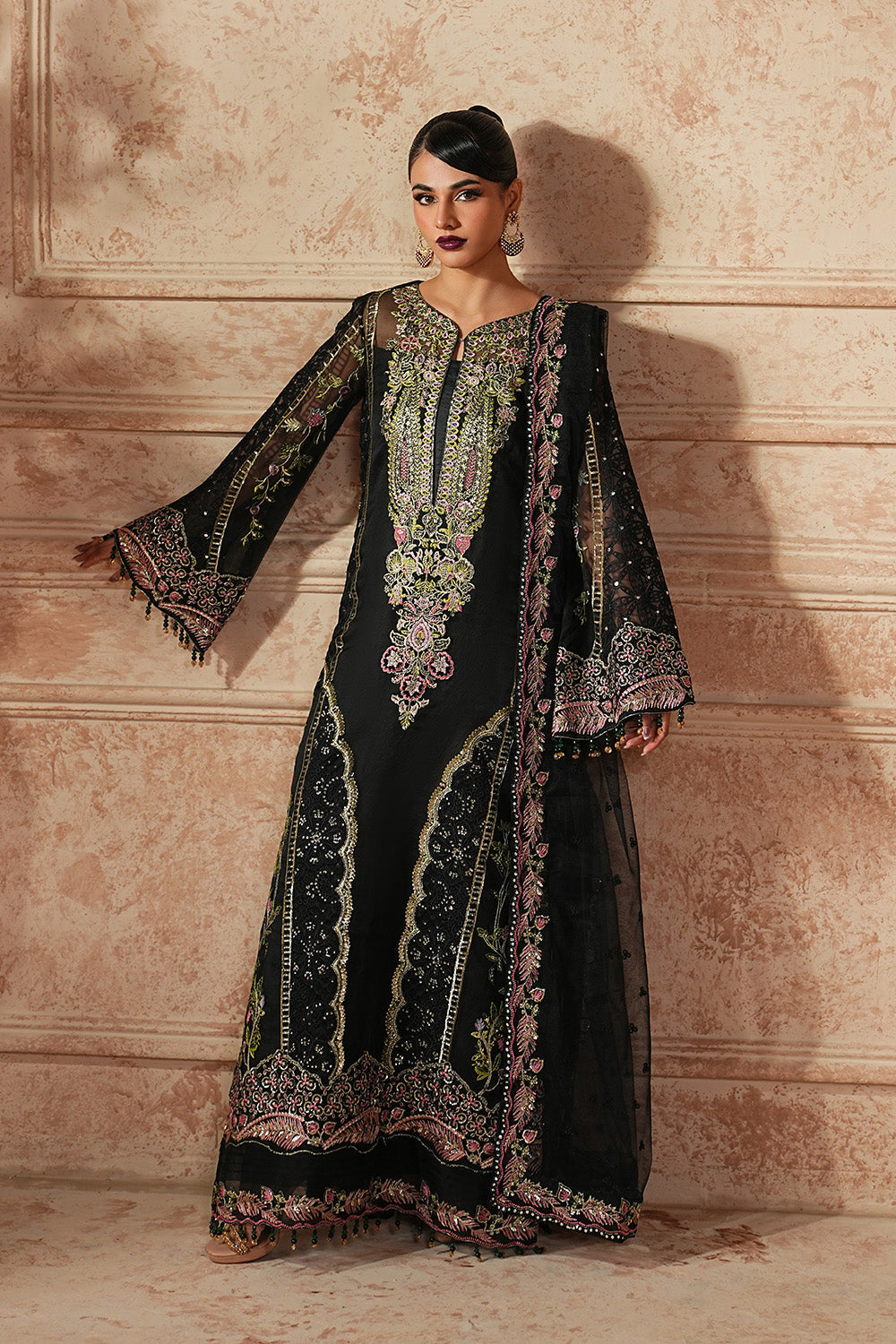 Black Embroidered Organza Ensemble With Dupatta