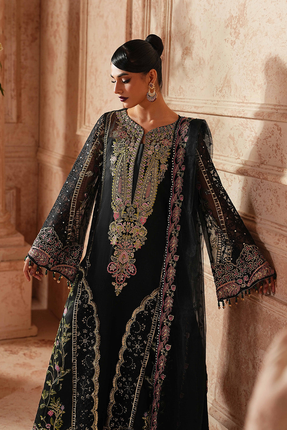 Black Embroidered Organza Ensemble With Dupatta