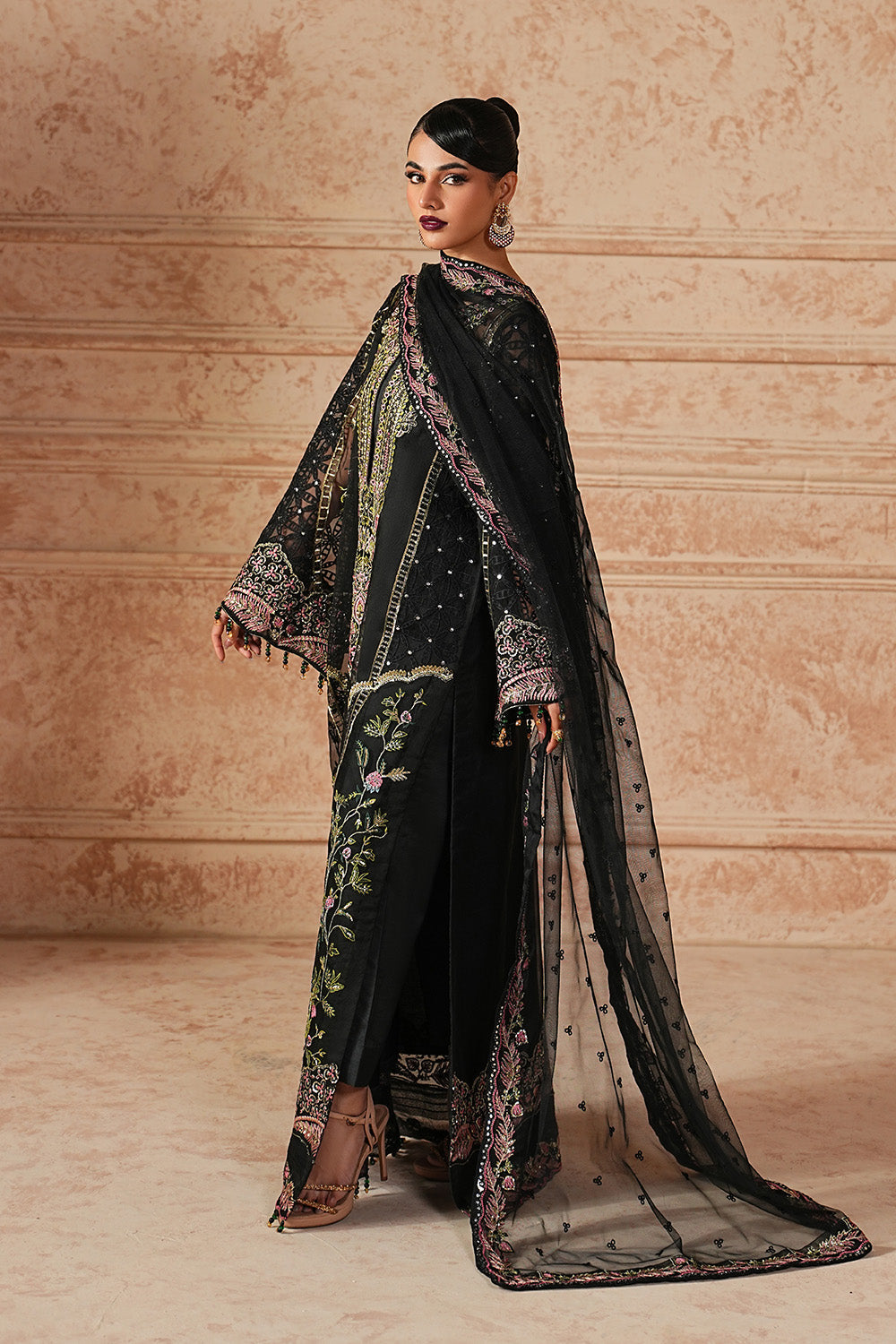 Black Embroidered Organza Ensemble With Dupatta
