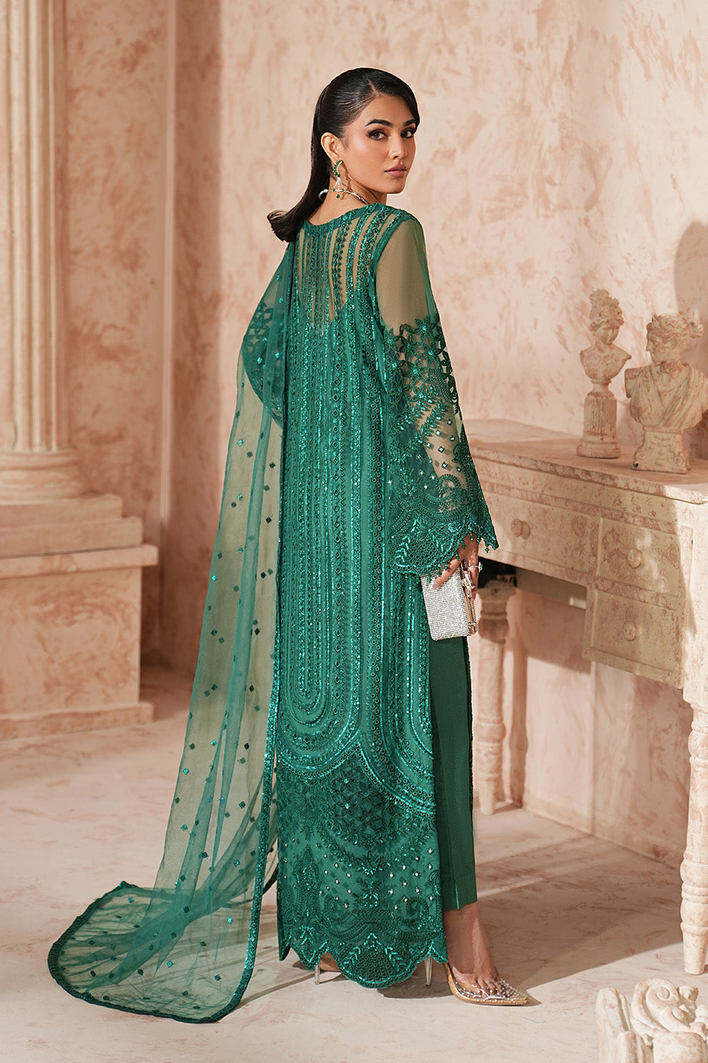 Green Embroidered Net Suit With Dupatta
