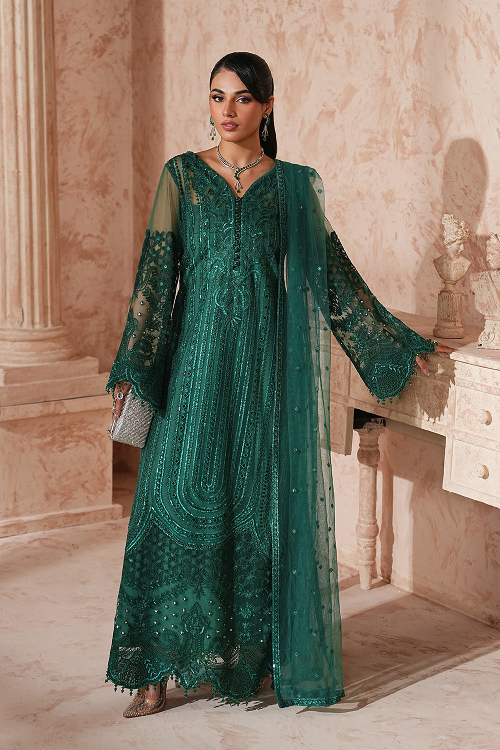 Green Embroidered Net Suit With Dupatta