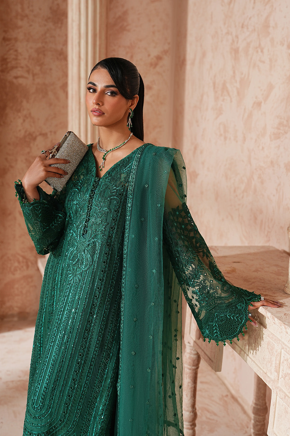 Green Embroidered Net Suit With Dupatta