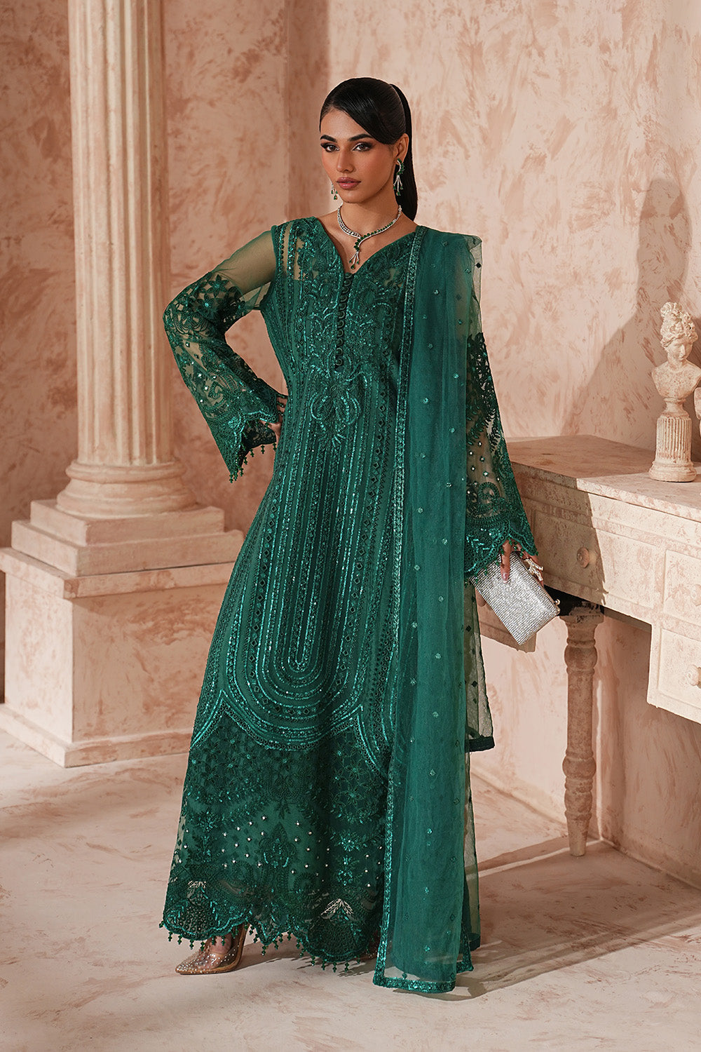 Green Embroidered Net Suit With Dupatta