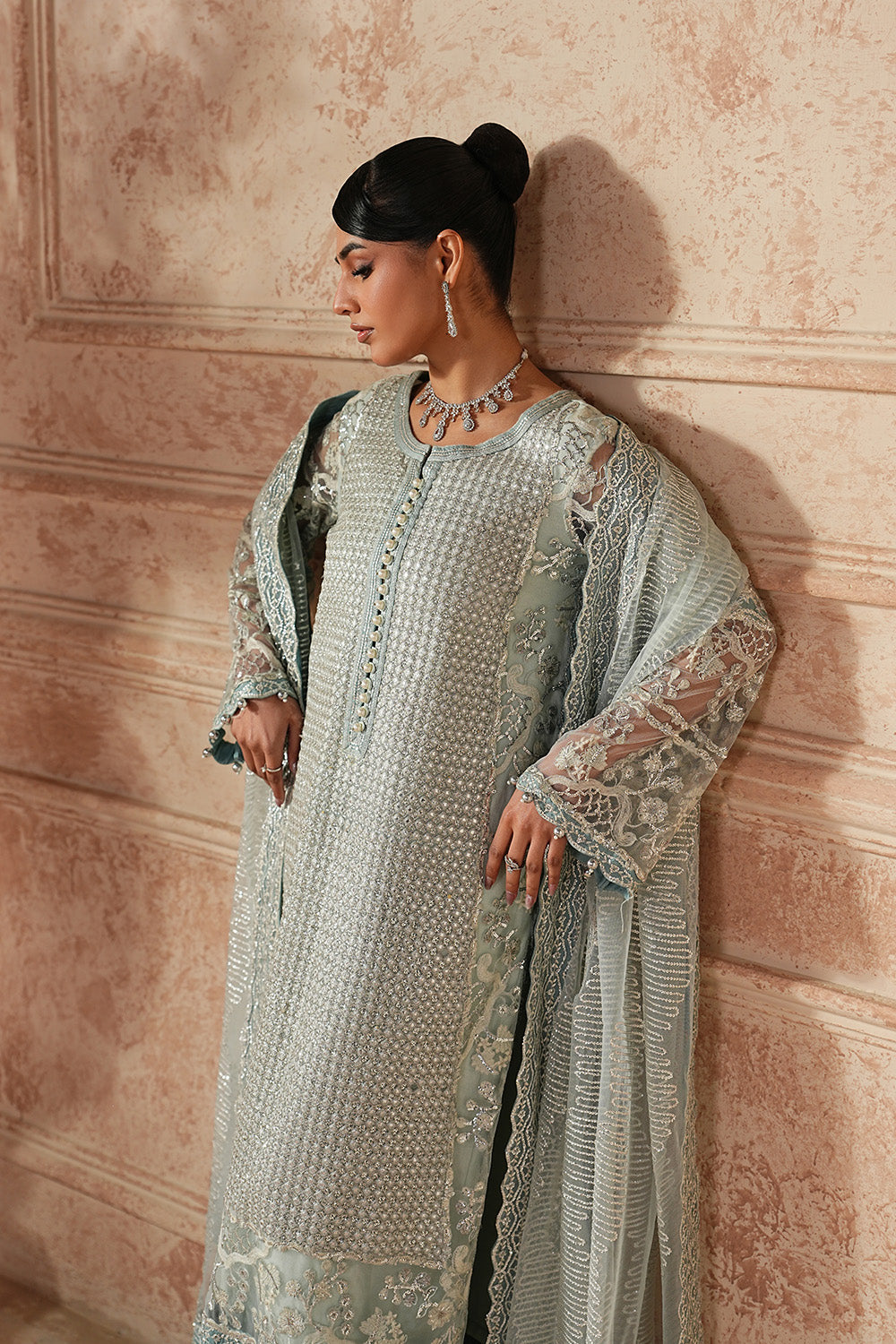 Canal Blue Embroidered Net Eid Suit With Dupatta
