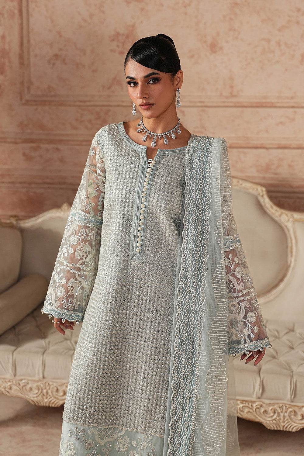 Canal Blue Embroidered Net Eid Suit With Dupatta