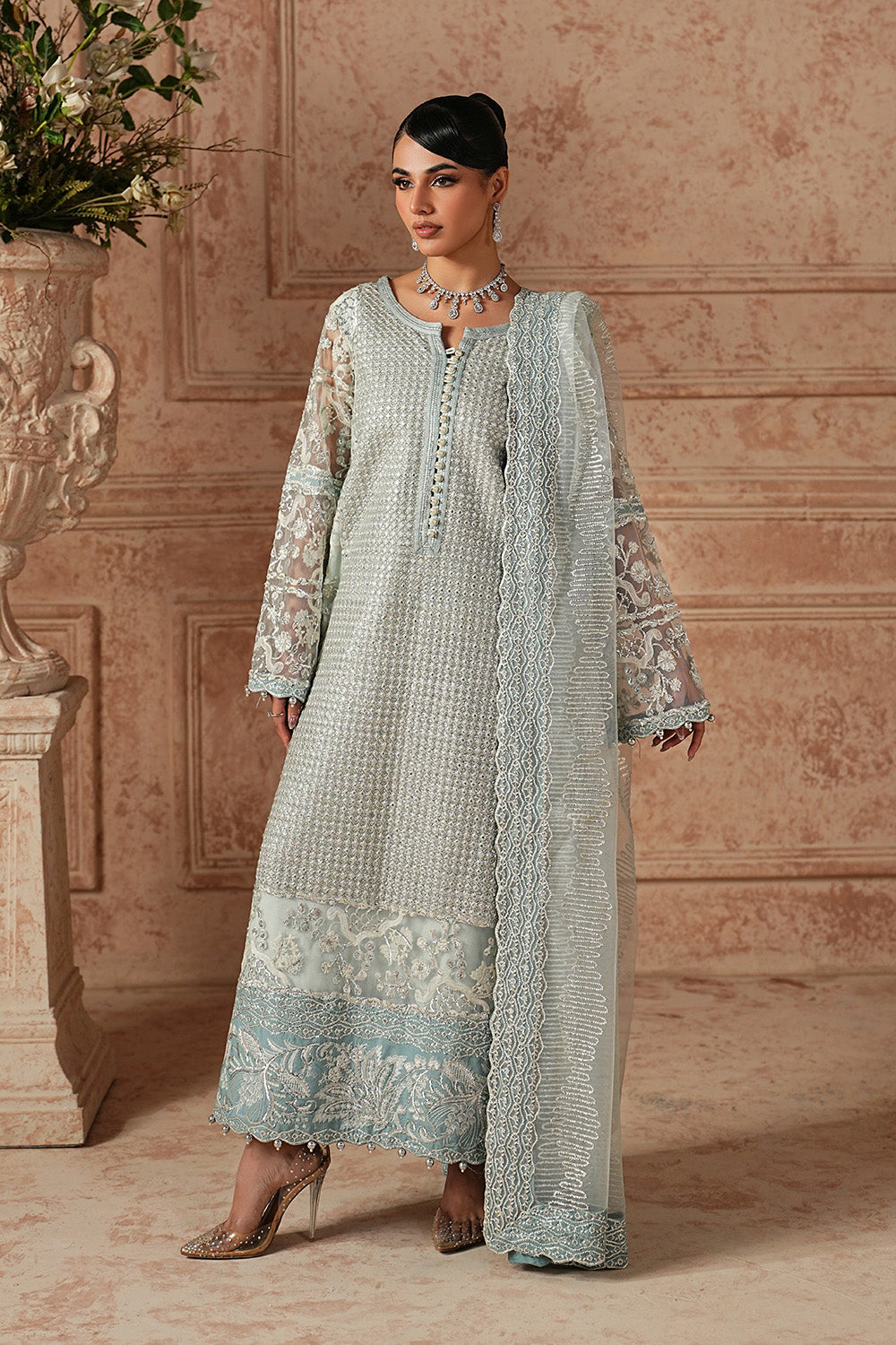 Canal Blue Embroidered Net Eid Suit With Dupatta