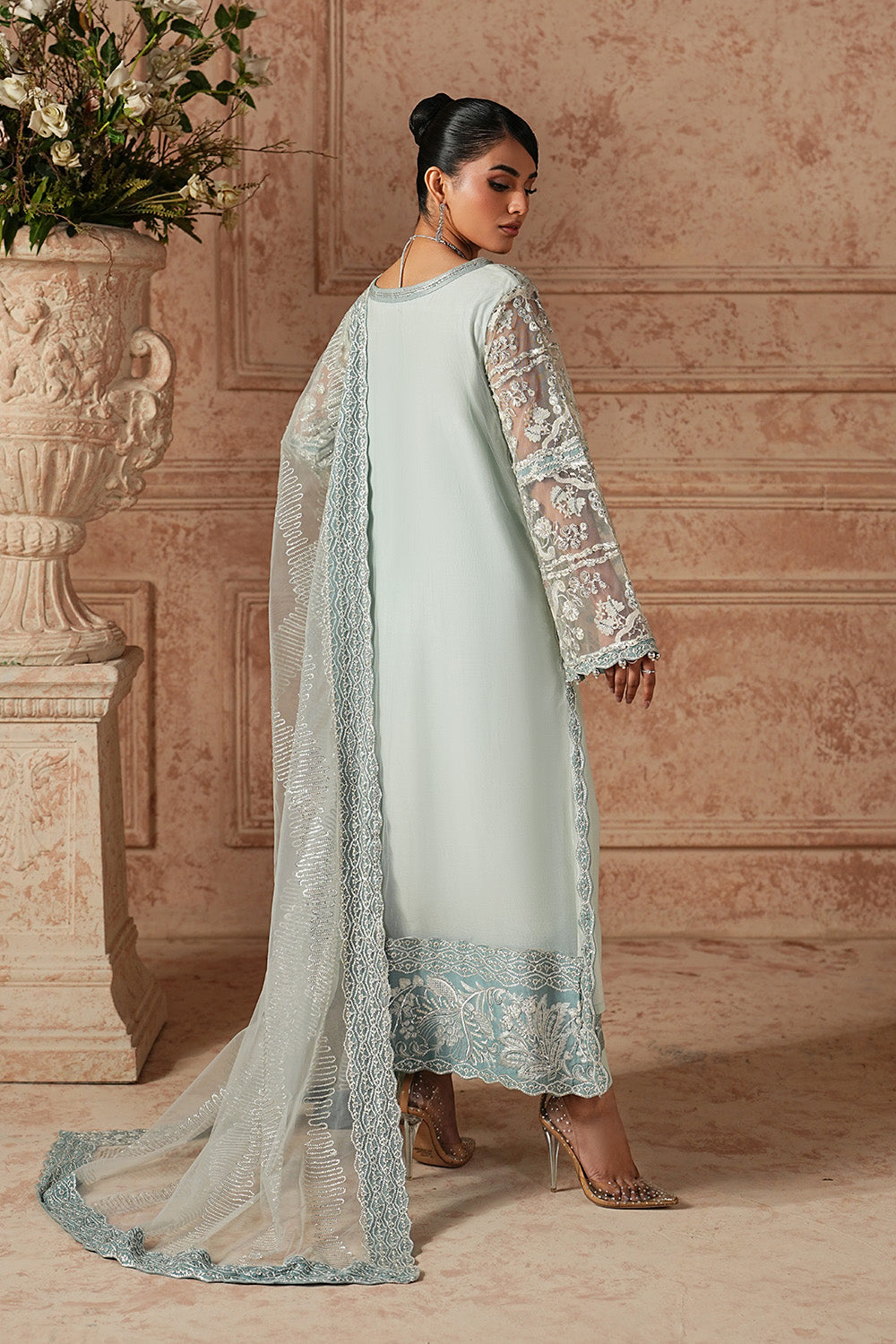Canal Blue Embroidered Net Eid Suit With Dupatta
