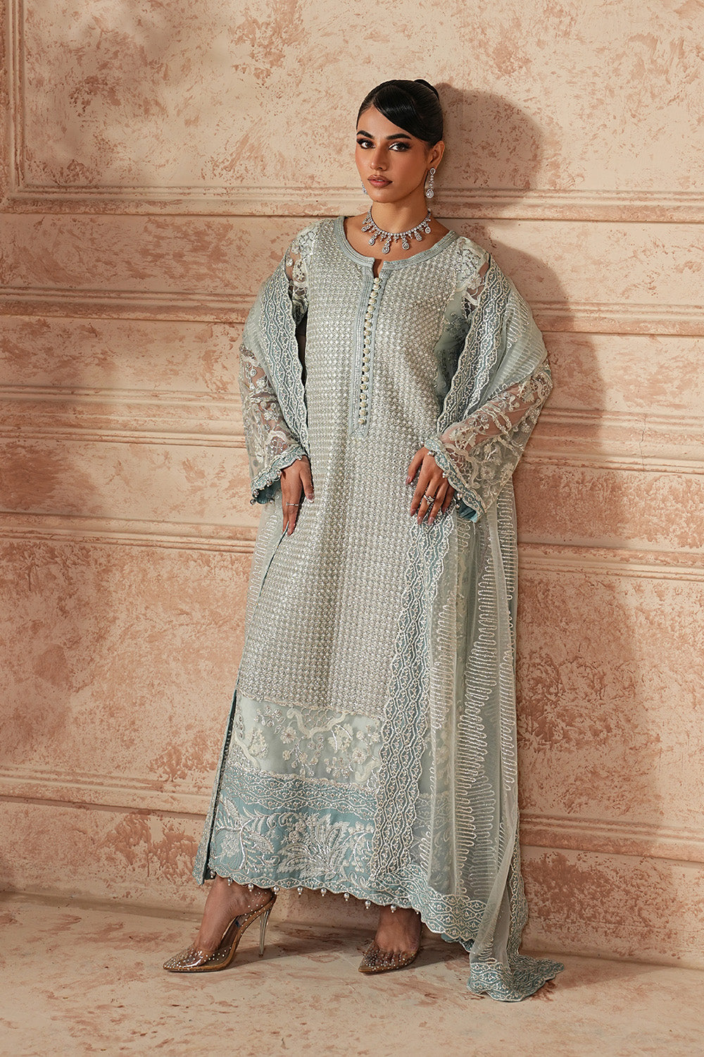 Canal Blue Embroidered Net Eid Suit With Dupatta