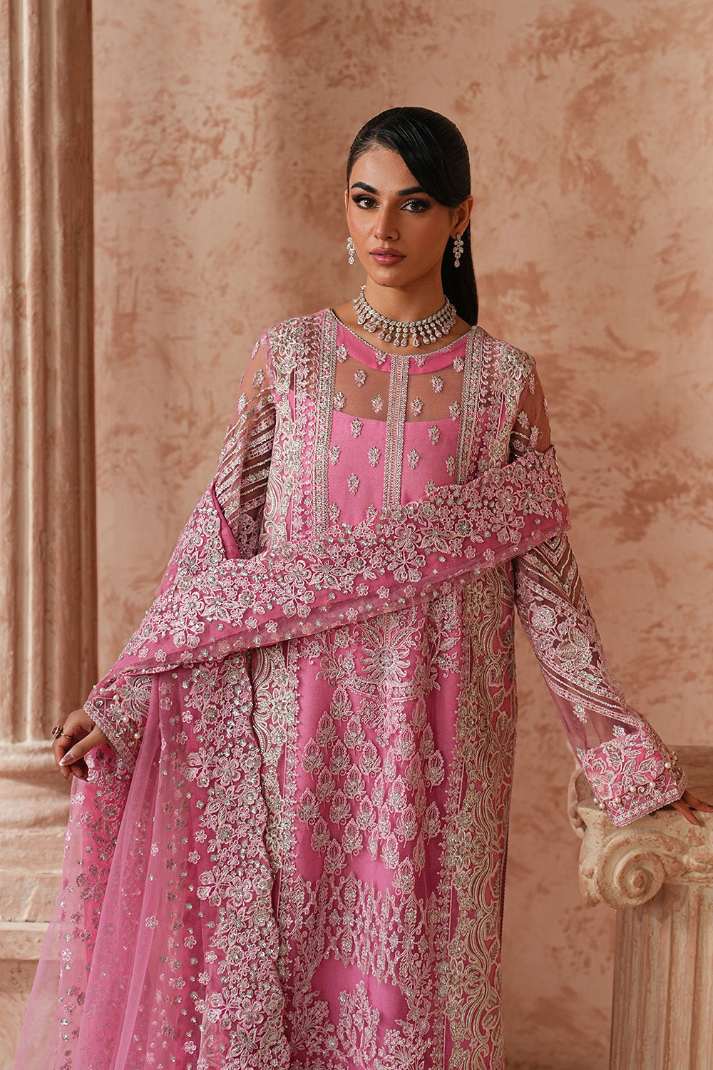 Pink Embroidered Net Eid Dress With Dupatta