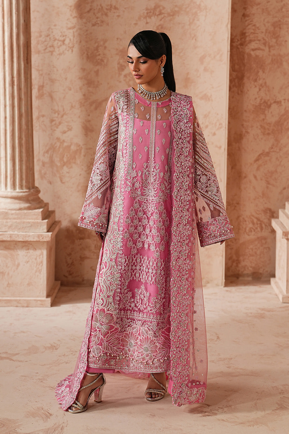 Pink Embroidered Net Eid Dress With Dupatta