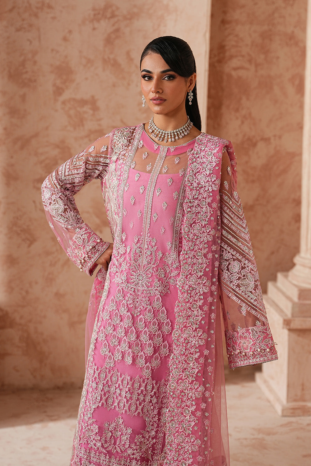 Pink Embroidered Net Eid Dress With Dupatta