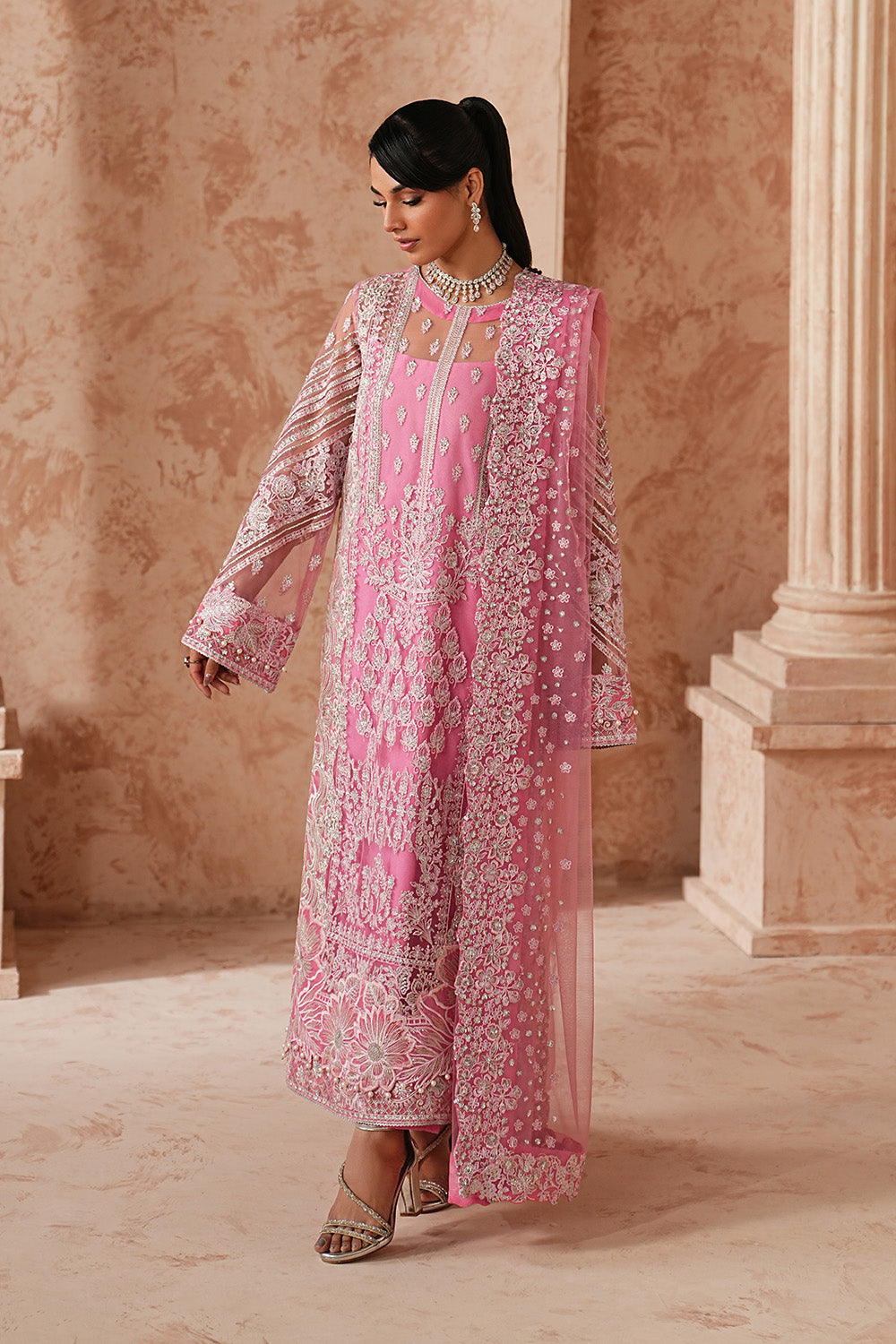 Pink Embroidered Net Eid Dress With Dupatta