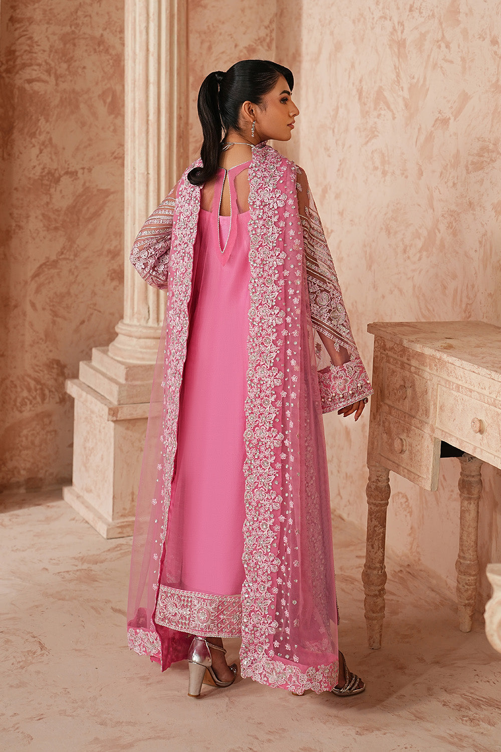 Pink Embroidered Net Eid Dress With Dupatta