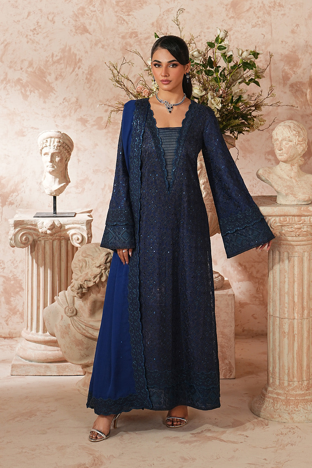 Blue Embroidered Organza Suit With Dupatta