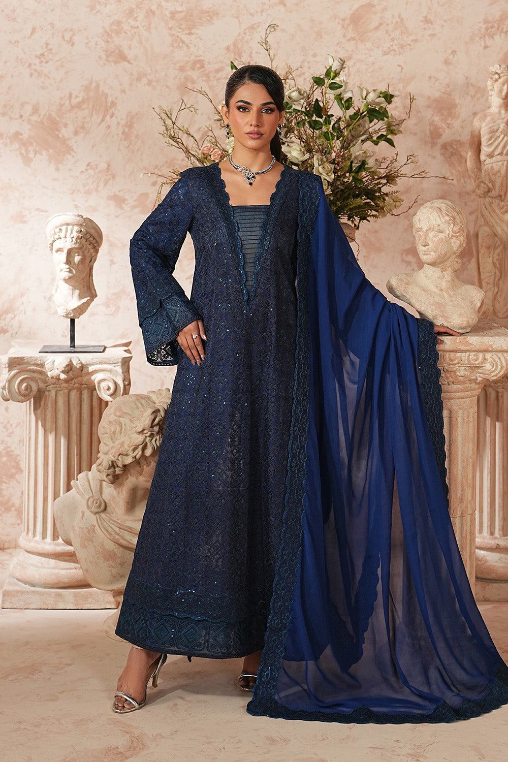 Blue Embroidered Organza Suit With Dupatta