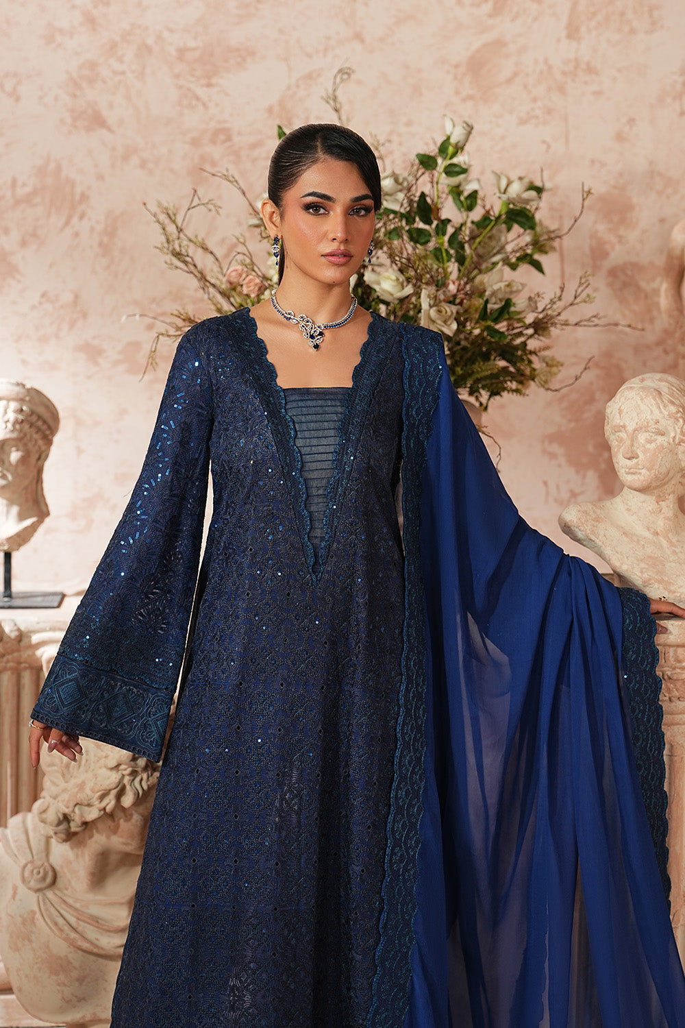 Blue Embroidered Organza Suit With Dupatta