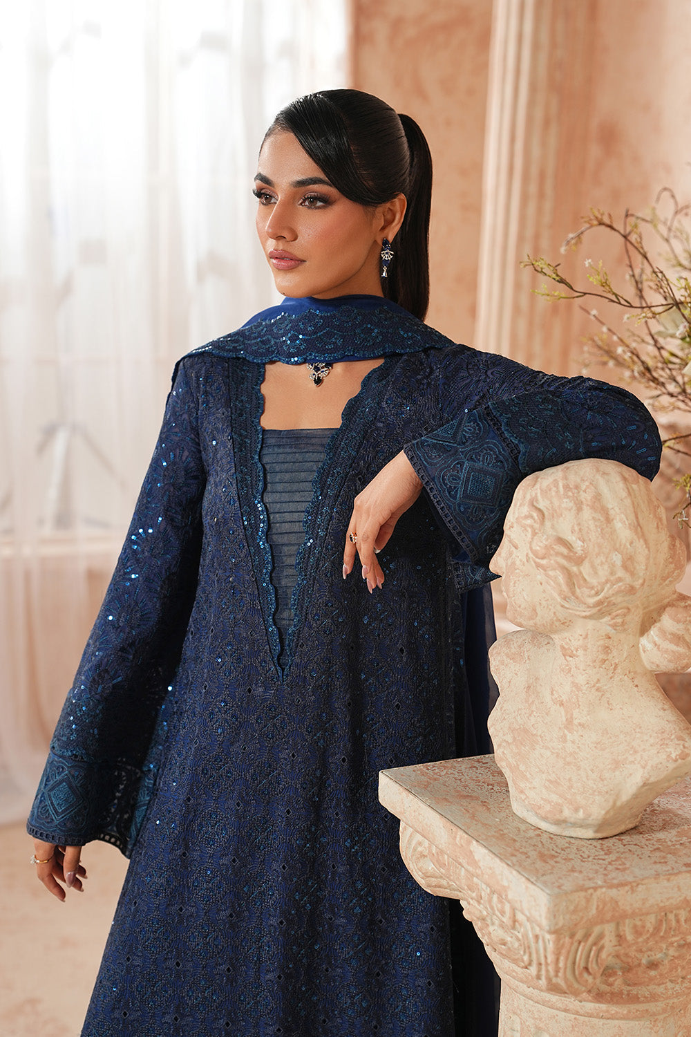 Blue Embroidered Organza Suit With Dupatta