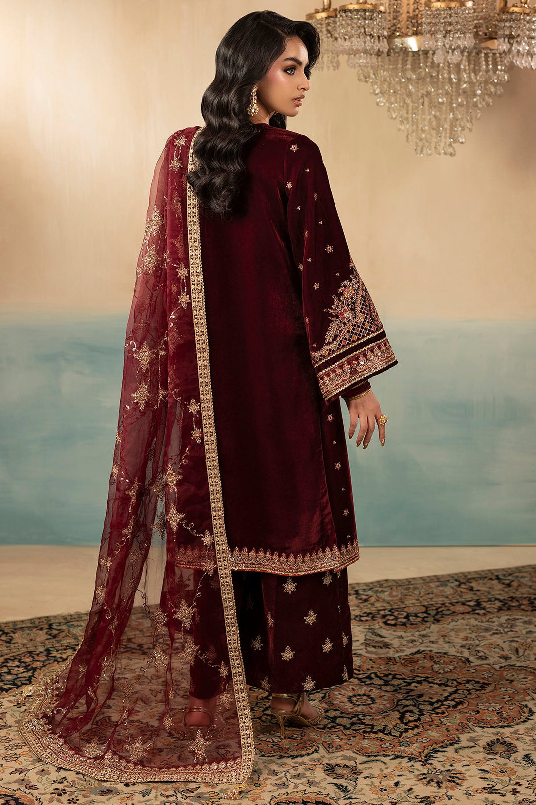 Embroidered Velvet Pakistani Party Outfit with Dupatta